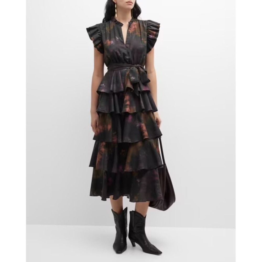 Marie Oliver Silk Blend Tiered Midi Dress Dark Tie Dye Boho Ruffle XS e5